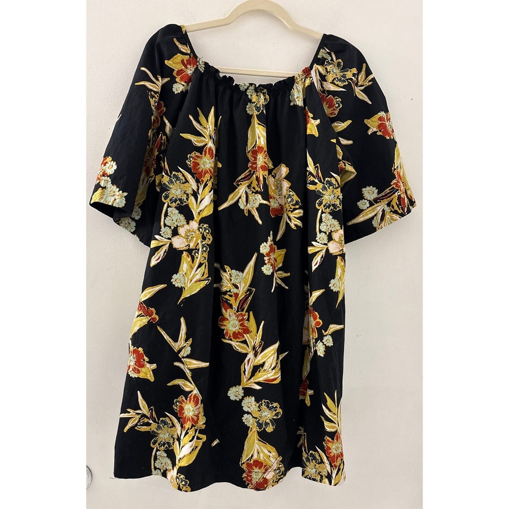 Free People Black Floral Cotton Mini Dress Short Sleeve Scoop Neck Pockets M